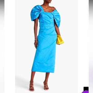NWT OSCAR DE LA RENTA Pleated Cotton-blend Taffeta Blue Midi Dress $5,490 US 4